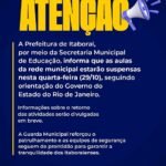 Nota oficial aulas suspensas na rede municipal de ensino nesta quarta-feira (2910)